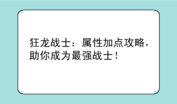 狂龙战士：属性加点攻略，助你成为最强战士！